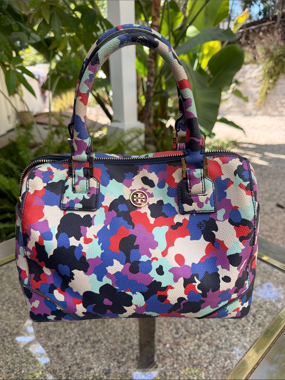 Tory Burch Multicolor Camo Satchel with Red, Blue & Purple Accents